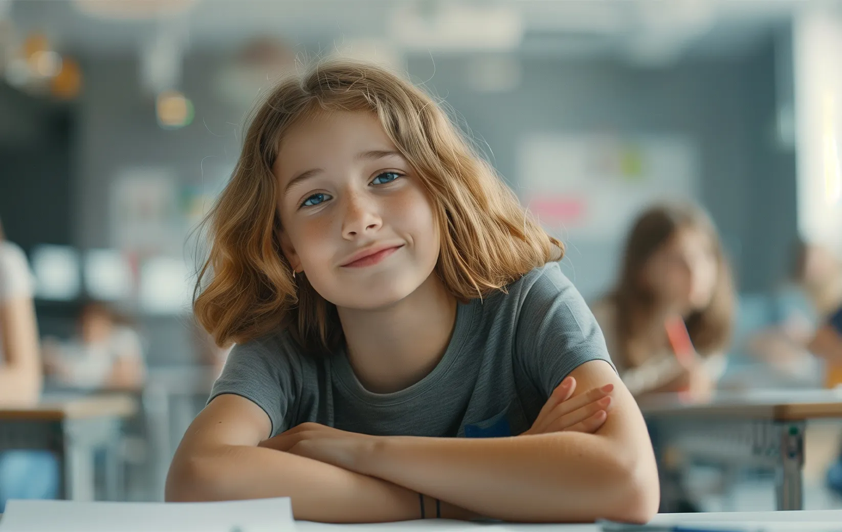 Young student smiling at a desk in a classroom filled with peers.