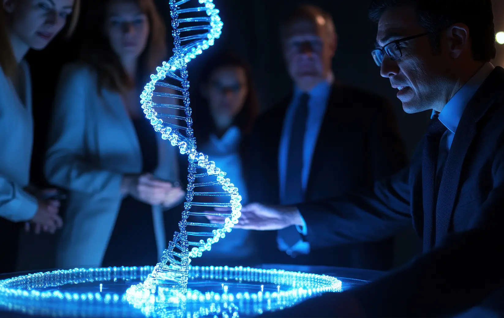 Educators examining a glowing DNA model during a presentation