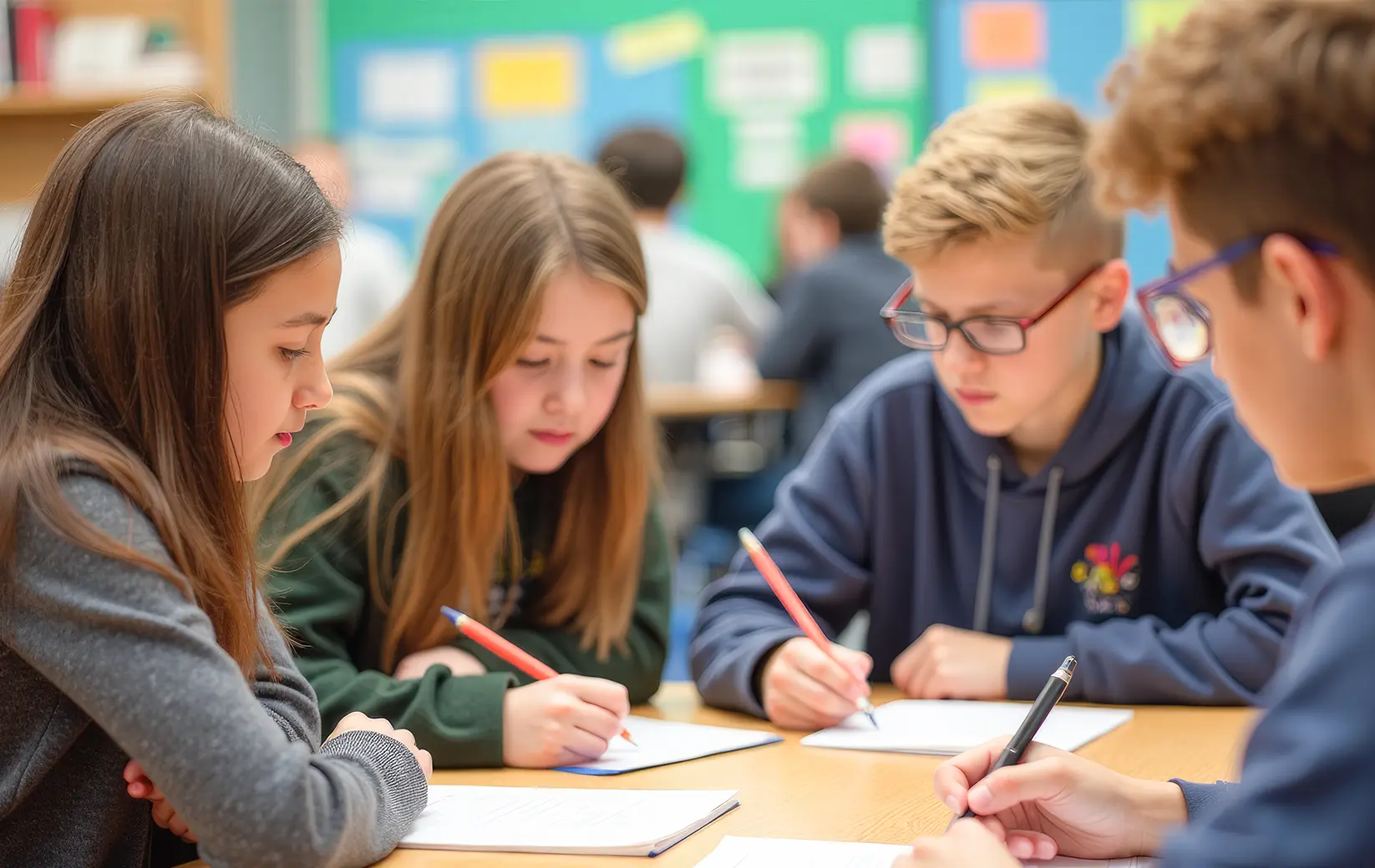 Students engaged in a collaborative learning activity at a classroom table.