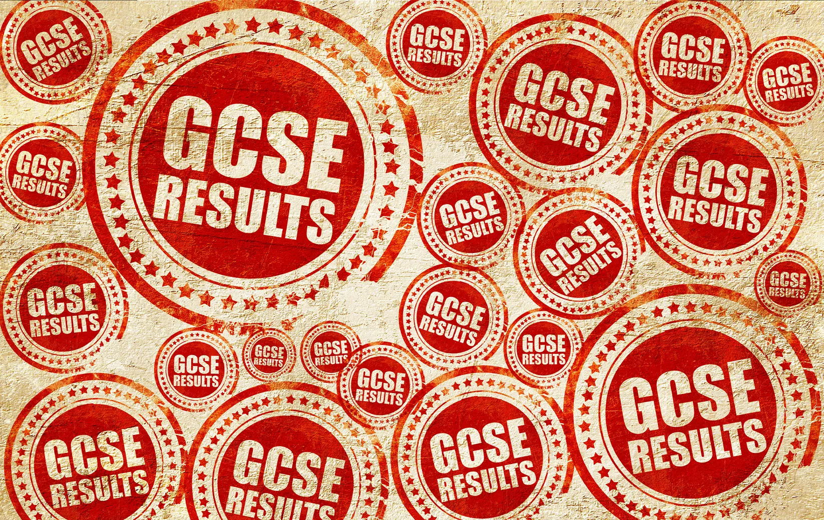 Background featuring multiple stamps of "GCSE Results" in red