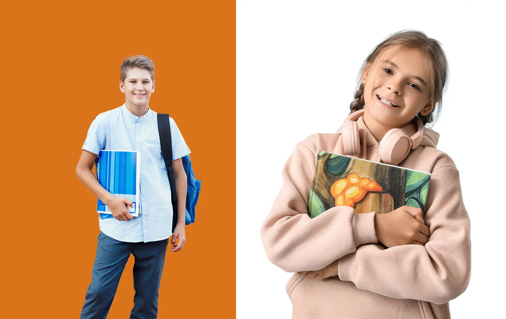 Two smiling students holding books and study materials