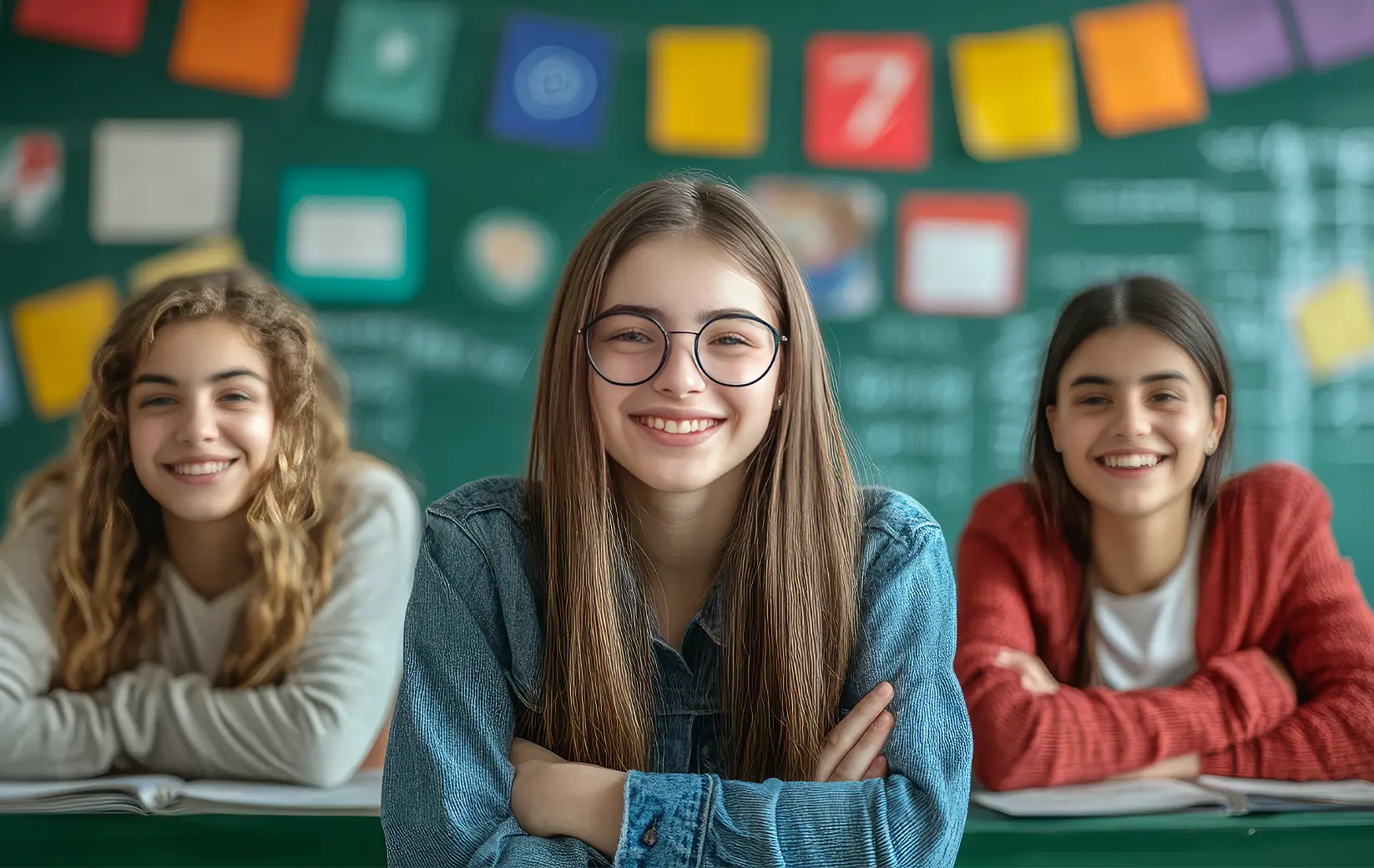 Three smiling students sitting at a desk in a classroom.