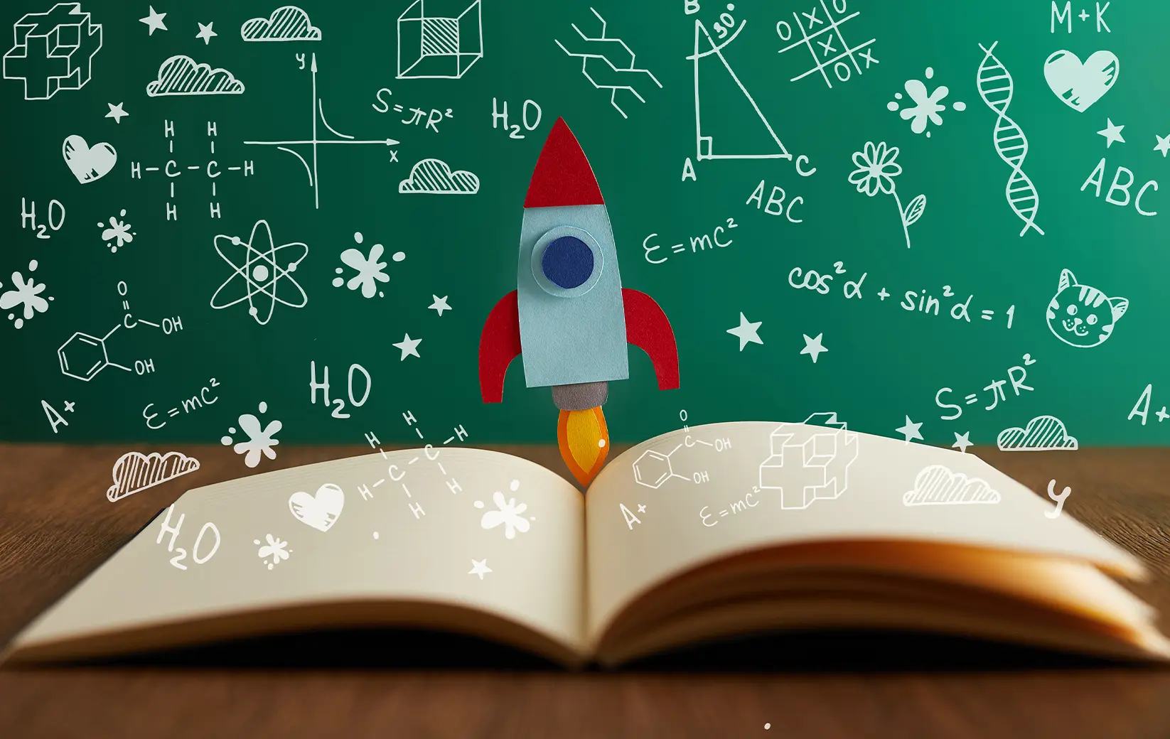 A rocket made of paper emerging from an open book with math and science doodles.