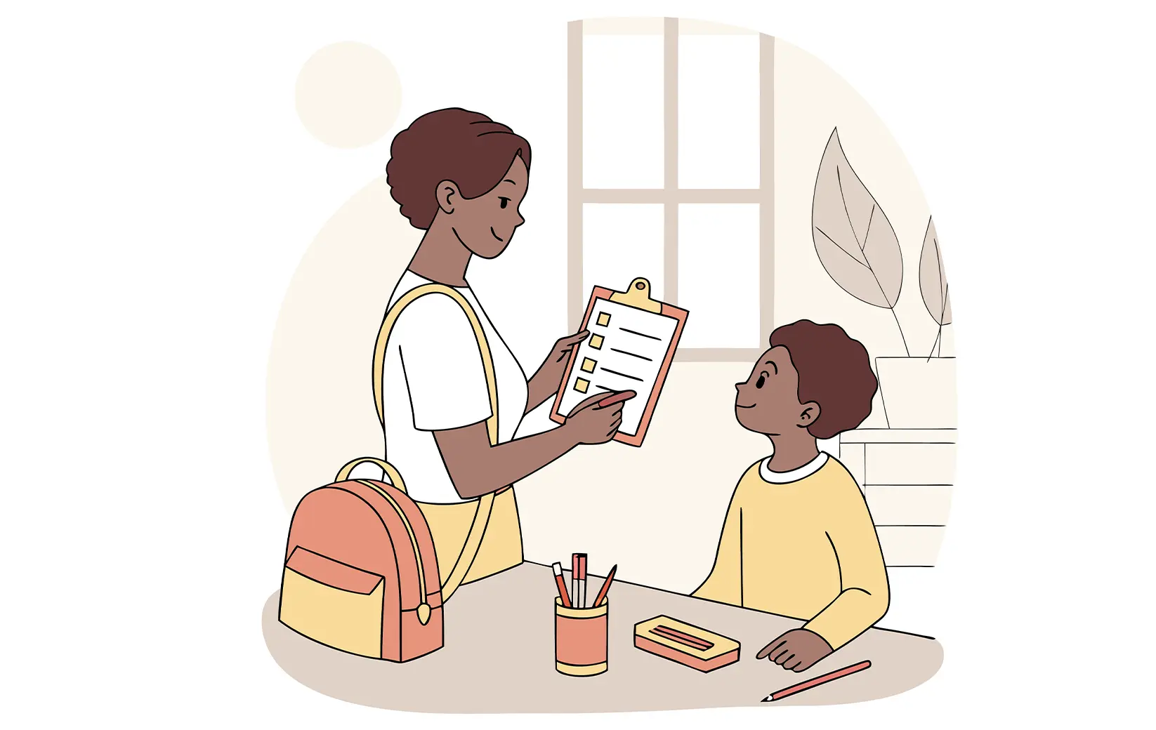 Tutor reviewing a checklist with a student at a desk