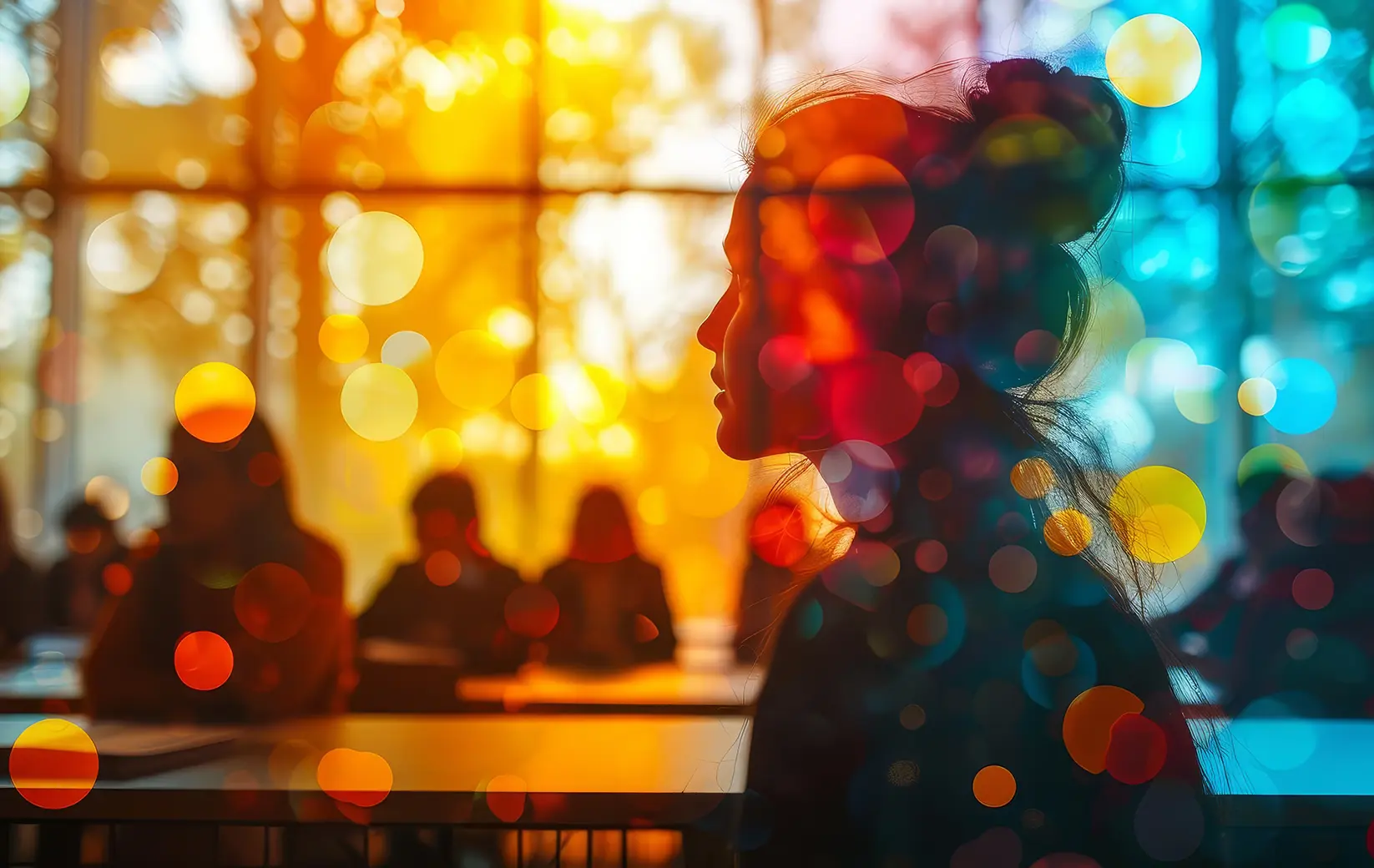 Silhouette of a woman against a colorful, blurred background in a study environment.