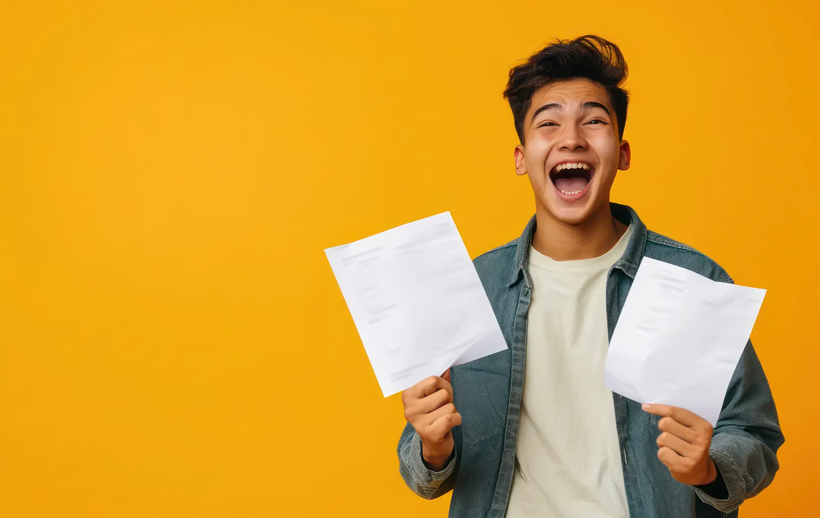 Happy student holding exam results with a bright smile.