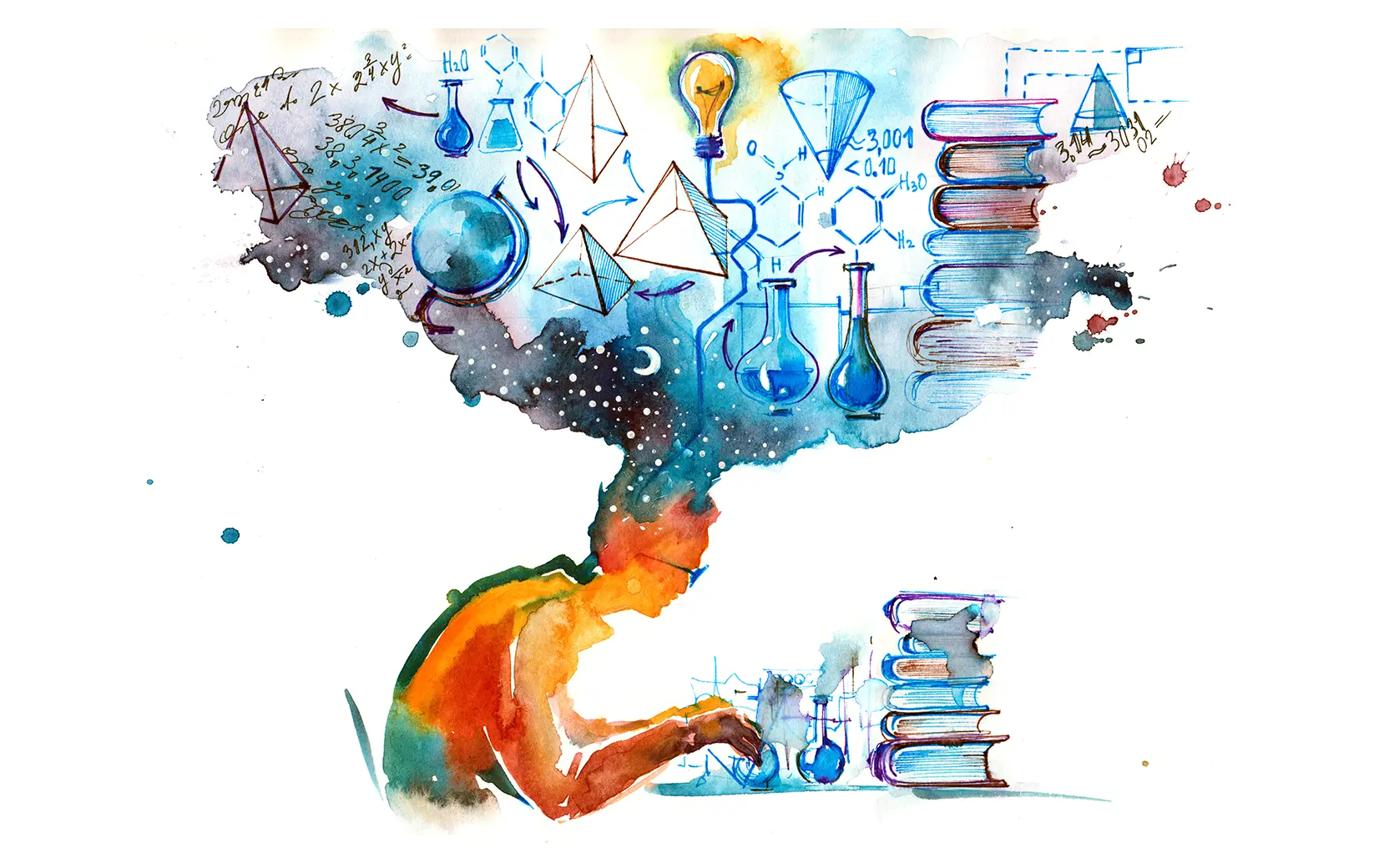 Student engaged in a creative learning process with books and science symbols.