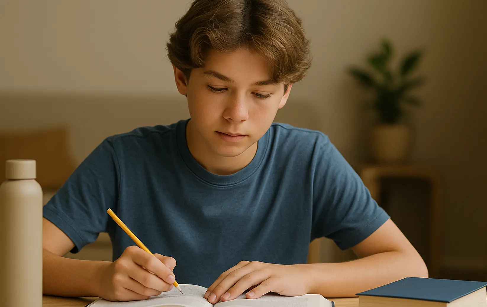 Student writing in a notebook with a pencil at a desk