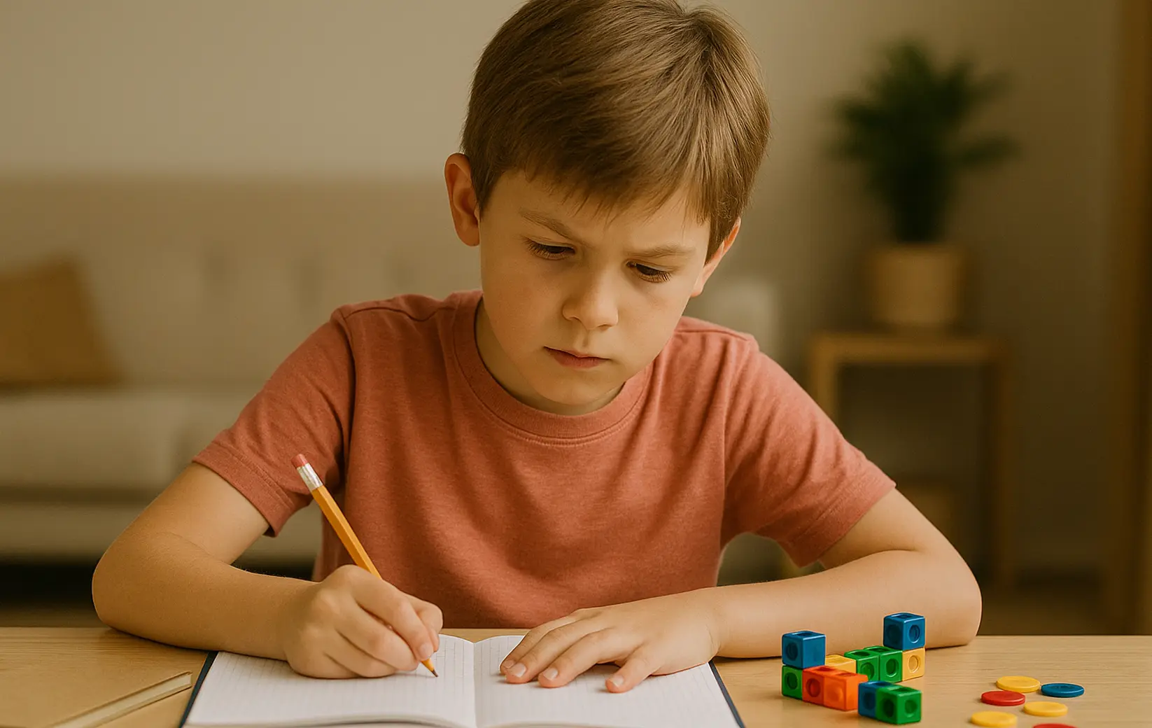 Young boy writing in a notebook with colorful blocks nearby