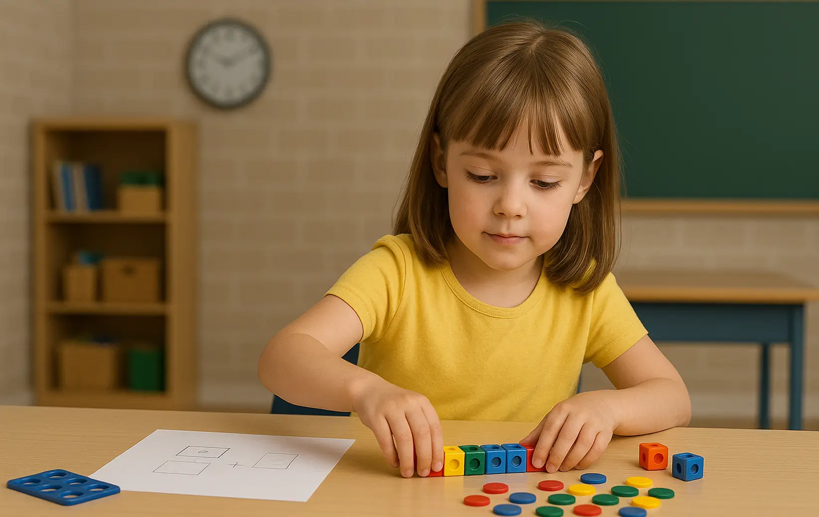 Child playing with colorful blocks while working on a worksheet.