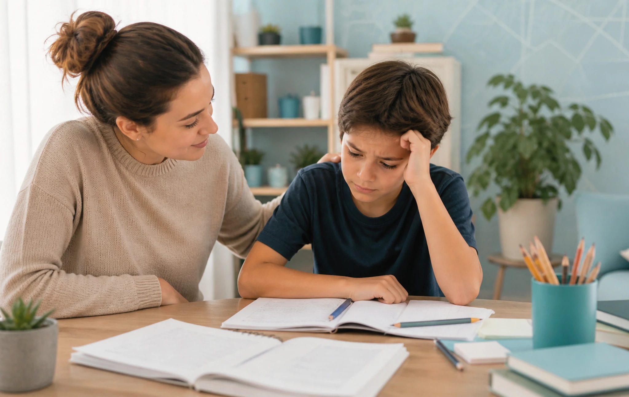 Tutor helping a student with homework at a desk.