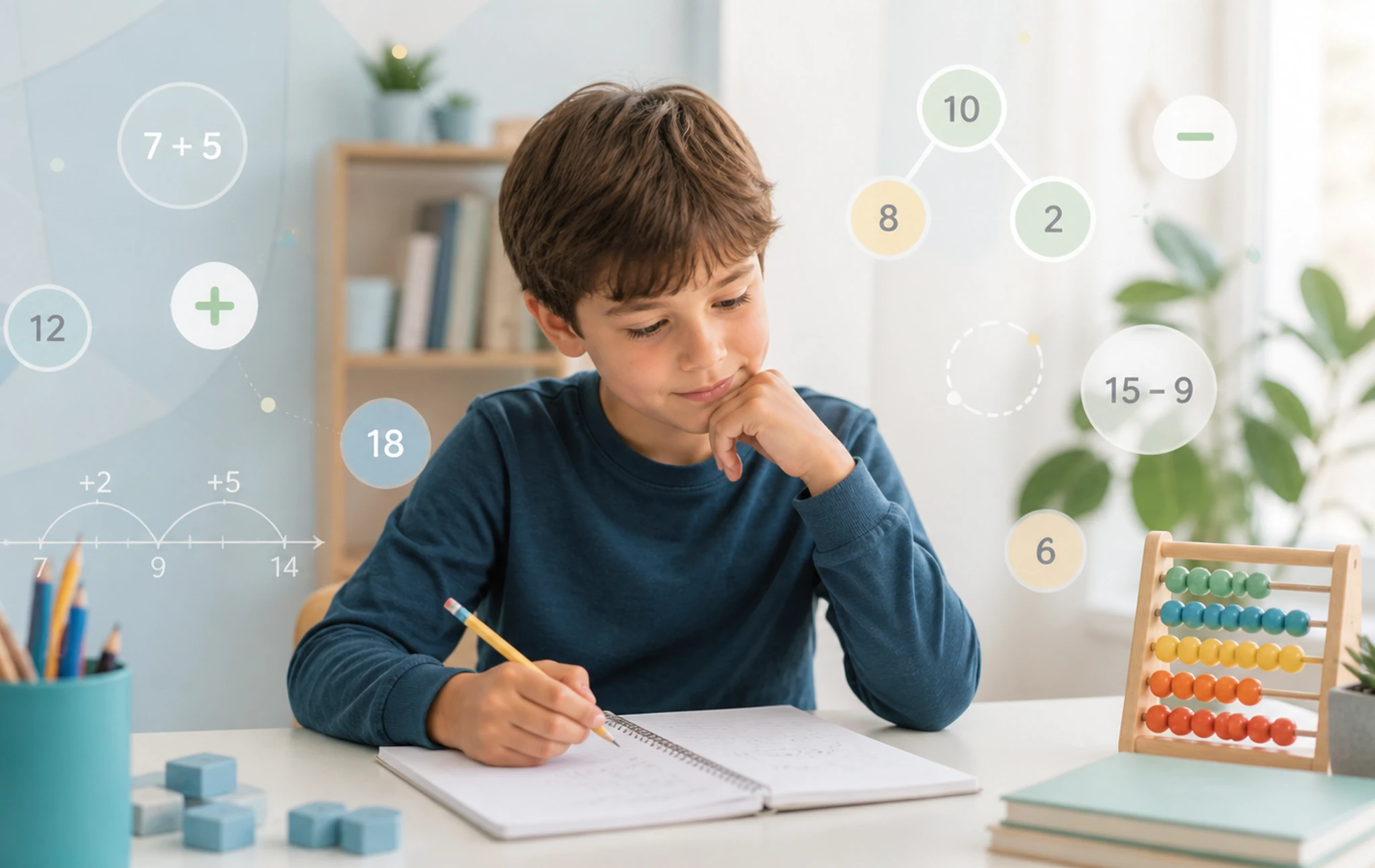 Child writing in a notebook with math concepts displayed around