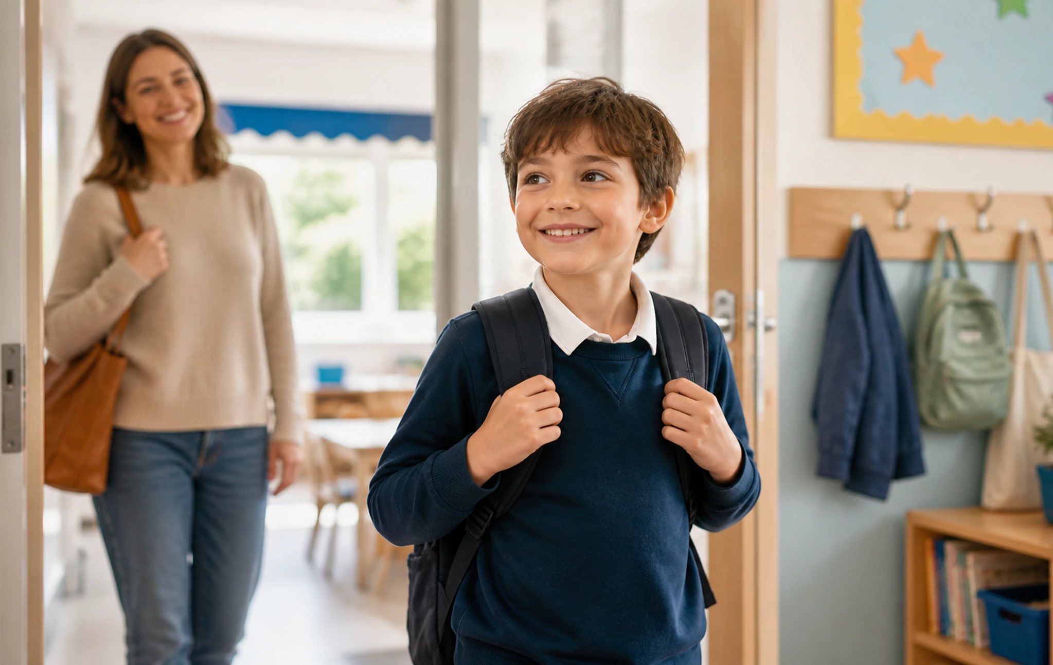 Smiling boy with a backpack entering a classroom with a teacher in the background
