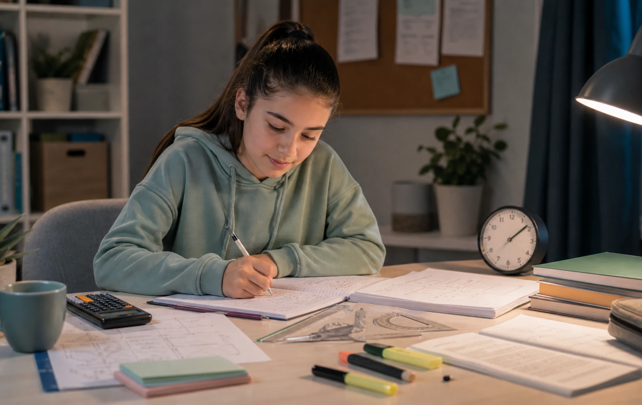 Girl writing notes at a desk with study materials and a clock