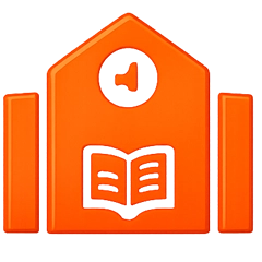 Icon representing educational support with a book and house symbol.