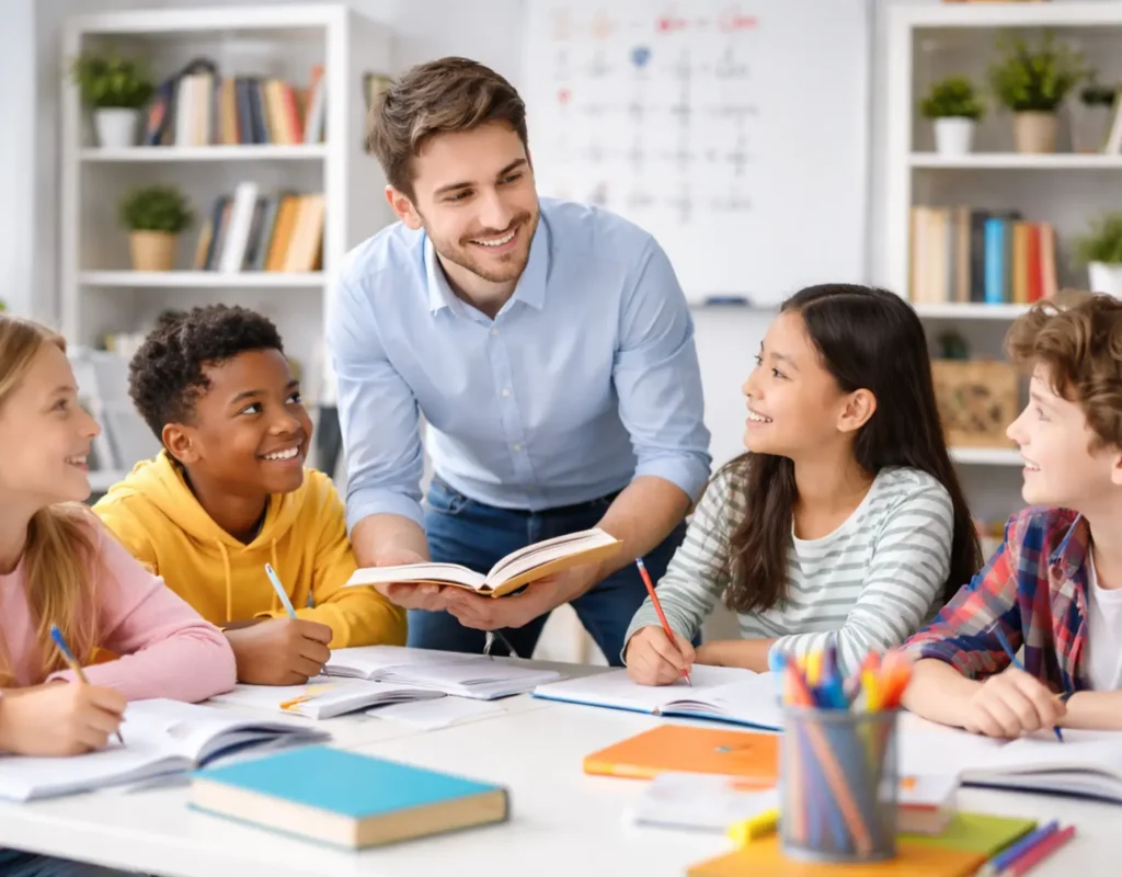 Tutor interacting with four students during a learning activity