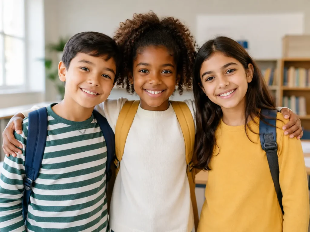 Three smiling students with backpacks in a bright classroom