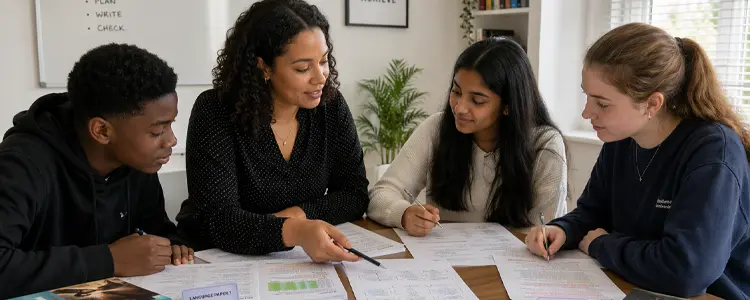 Tutor guiding students through study materials at a table