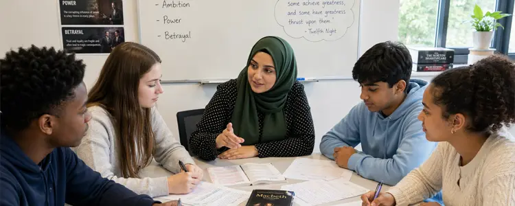 Tutor facilitating a group discussion with students in a classroom