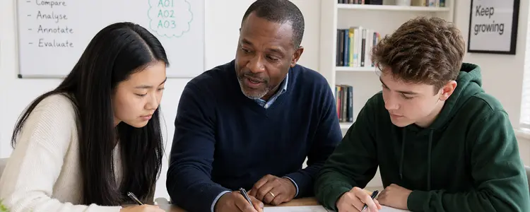 Tutor assisting two students with their schoolwork at a desk