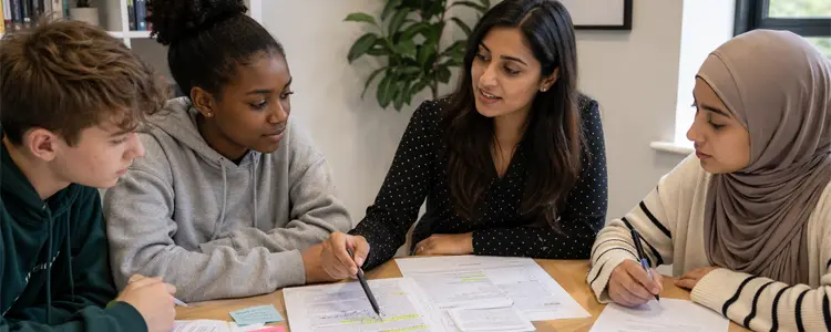 Tutor guiding students through homework and revision notes