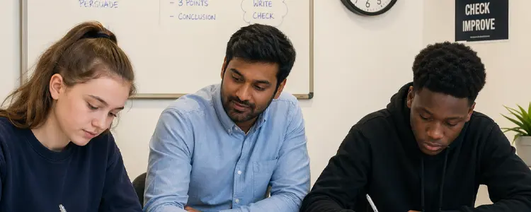 Tutor assisting two students during a focused study session
