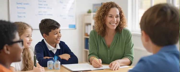Tutor helping students in a bright classroom setting