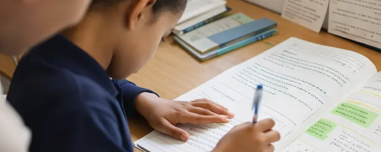 Child writing in a workbook during a tutoring session