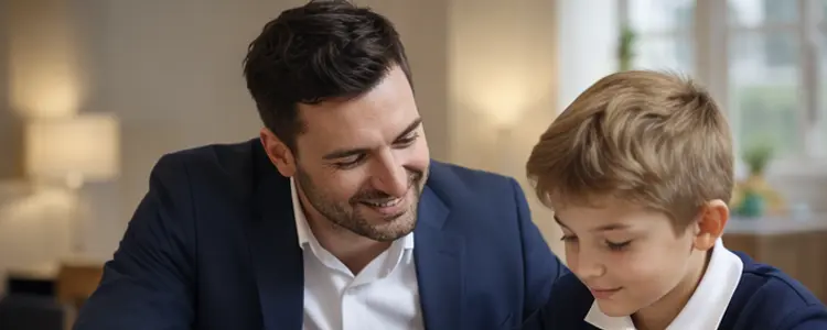 Tutor helping a young student with schoolwork at a desk