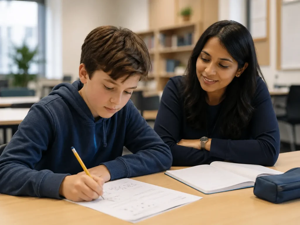 Student writing on worksheet with tutor observing in classroom