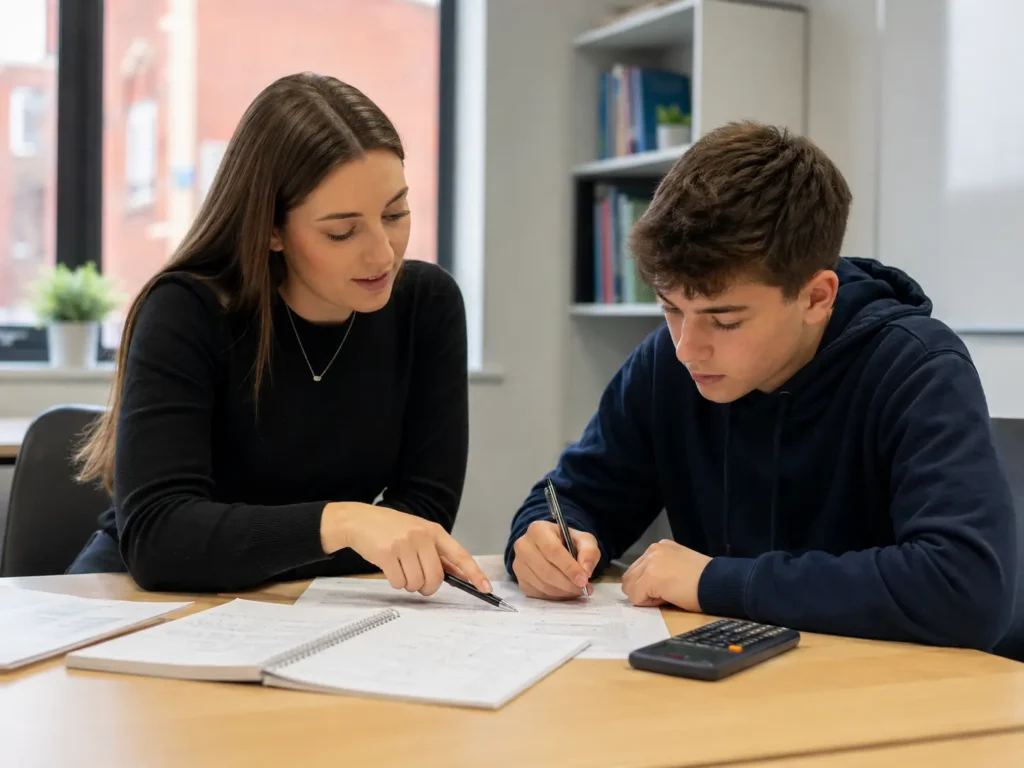 Tutor guiding student through homework at a desk
