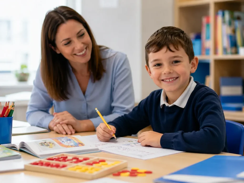 Tutor helping a smiling boy with homework at a classroom desk