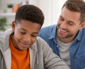 Tutor helping a student with schoolwork at a desk