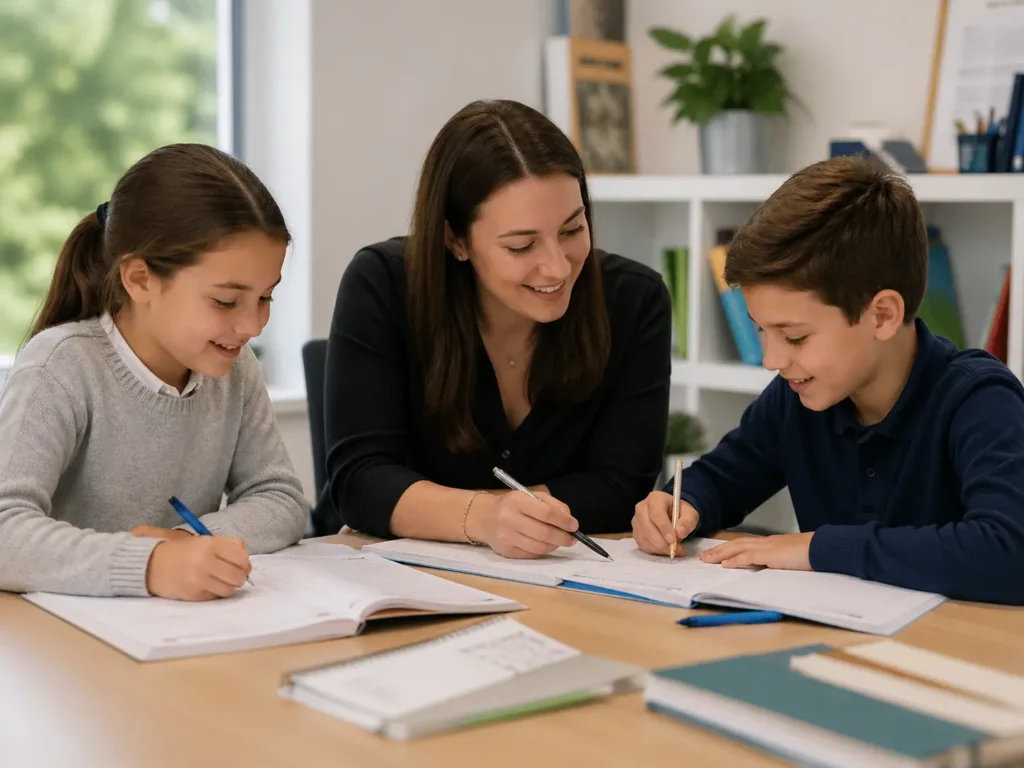 Tutor helping two students with their schoolwork at a desk