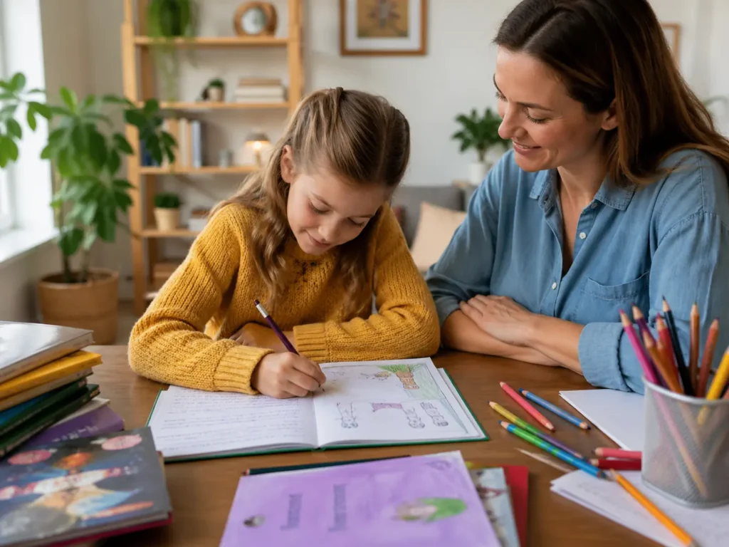 Young student writing in a notebook while a tutor observes