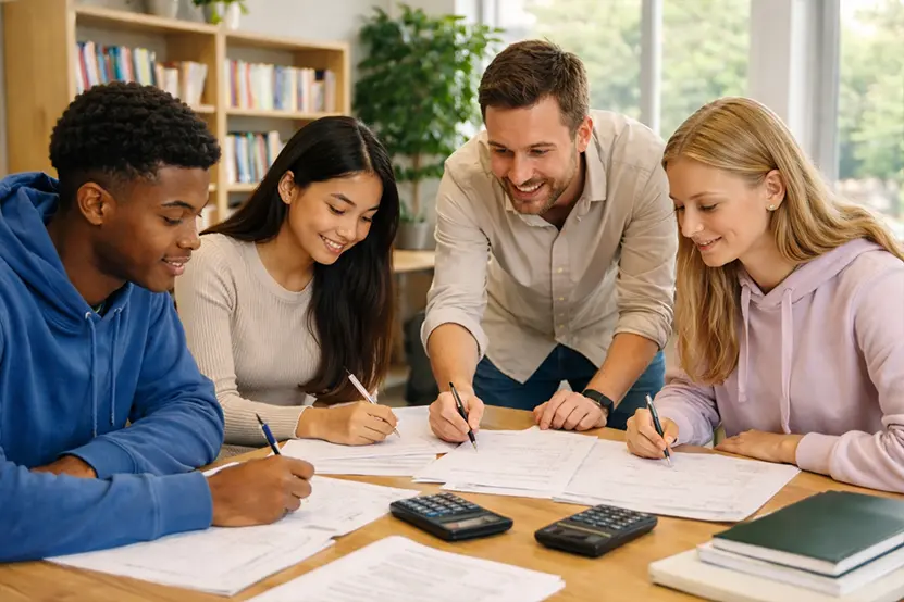 Tutor assisting students with worksheets and calculators in a study setting