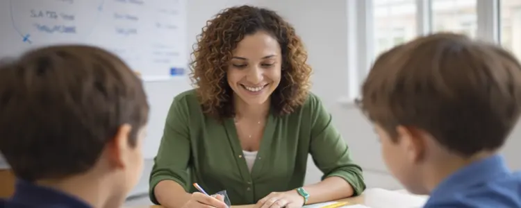 Tutor assisting two students during a learning session