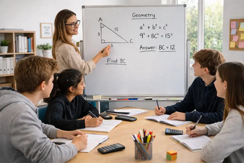 Tutor explaining geometry concepts to students at a classroom desk