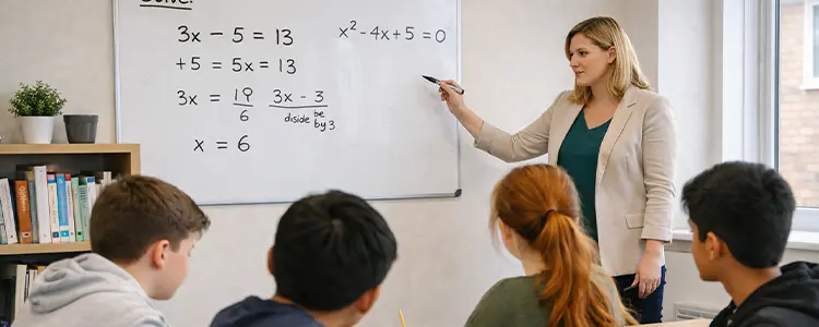 Tutor explaining maths concepts to students in a classroom