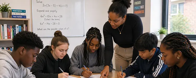 Tutor assisting students with math problems in a classroom setting