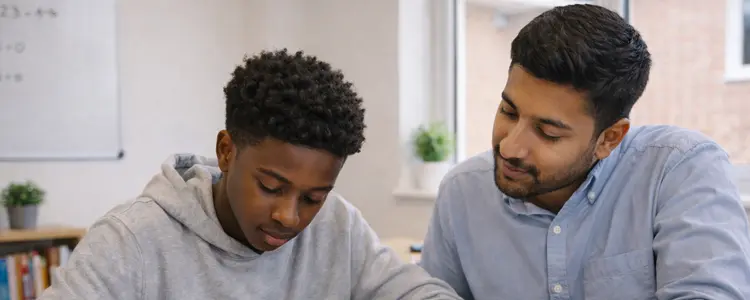 Tutor assisting a student with schoolwork in a bright classroom