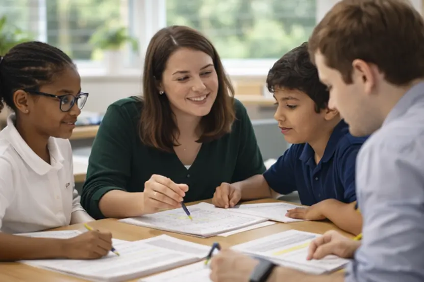Tutor assisting students with worksheets in a bright classroom