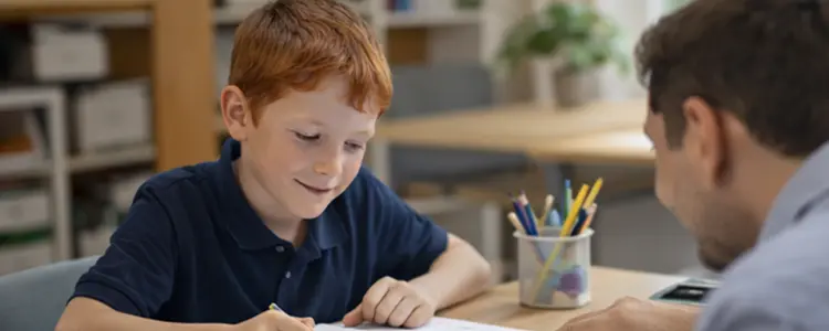Tutor helping a young student with schoolwork at a desk
