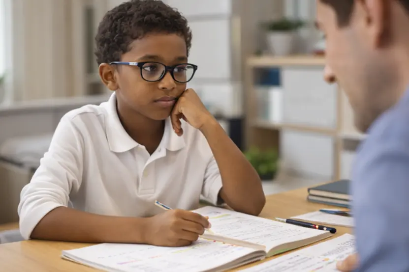 Child working on schoolwork with a tutor at a desk