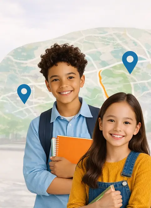 Two smiling students holding notebooks against a map background