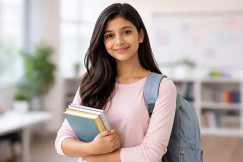 Student with backpack holding books in a bright classroom