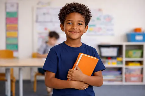 Smiling child holding an orange book in a classroom setting