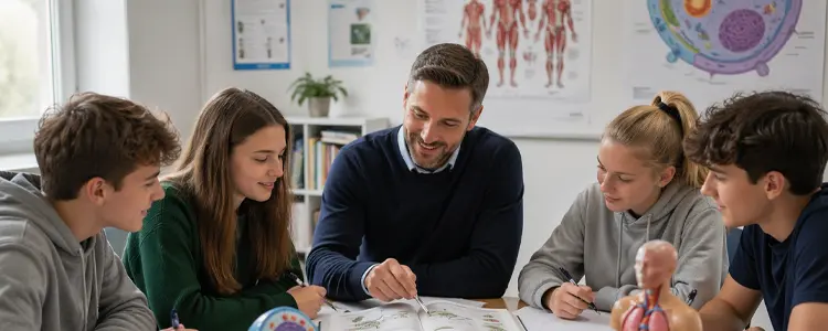 Tutor assisting students with educational materials in a classroom