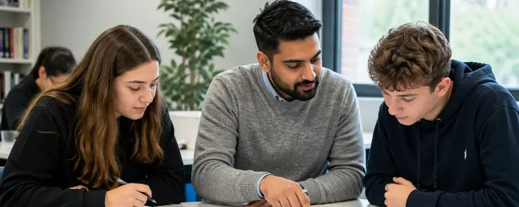 Tutor helping students with their studies at a desk in a classroom