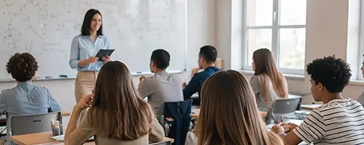 Teacher instructing students in a bright classroom setting